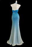 Ndyad Blue V-neck Mermaid Chiffon Beading Open Back Prom Dresses Formal Evening Gowns HZ1024