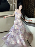 Ndyad Purple Spaghetti Straps A-Line Chiffon Prom Dresses Evening Gowns with Ruffles HZ1024