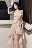 Ndyad Peach Halter Neck A-Line Chiffon Layered Prom Dresses Fashion Birthday Evening Dress Gowns HZ1024