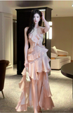 Ndyad Peach Halter Neck A-Line Chiffon Layered Prom Dresses Fashion Birthday Evening Dress Gowns HZ1024