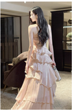 Ndyad Peach Halter Neck A-Line Chiffon Layered Prom Dresses Fashion Birthday Evening Dress Gowns HZ1024