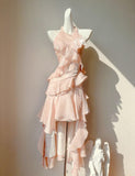 Ndyad Peach Halter Neck A-Line Chiffon Layered Prom Dresses Fashion Birthday Evening Dress Gowns HZ1024