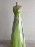 Ndyad Green Square Neck A-Line Satin Sequins Prom Dresses Vintage Tulle Party Dress HZ1024