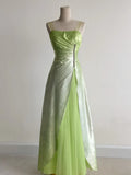 Ndyad Green Square Neck A-Line Satin Sequins Prom Dresses Vintage Tulle Party Dress HZ1024