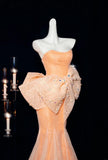 Ndyad Orange Strapless Mermaid Tulle Prom Dresses Glam Bow Evening Gowns HZ1024
