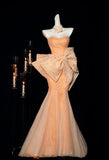 Ndyad Orange Strapless Mermaid Tulle Prom Dresses Glam Bow Evening Gowns HZ1024