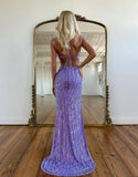 Ndyad Purple Spaghetti Straps Sheath Sequin Beading Prom Dresses Formal Evening Gowns HZ1024