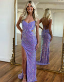 Ndyad Purple Spaghetti Straps Sheath Sequin Beading Prom Dresses Formal Evening Gowns HZ1024