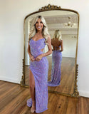 Ndyad Purple Spaghetti Straps Sheath Sequin Beading Prom Dresses Formal Evening Gowns HZ1024