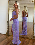 Ndyad Purple Spaghetti Straps Sheath Sequin Beading Prom Dresses Formal Evening Gowns HZ1024