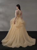 Ndyad Light Orange Spaghetti Straps A-Line Tulle Long Prom Dresses Gorgeous Wedding Dress with Rhinestones HZ1024