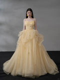 Ndyad Light Orange Spaghetti Straps A-Line Tulle Long Prom Dresses Gorgeous Wedding Dress with Rhinestones HZ1024