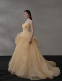 Ndyad Light Orange Spaghetti Straps A-Line Tulle Long Prom Dresses Gorgeous Wedding Dress with Rhinestones HZ1024