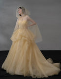 Ndyad Light Orange Spaghetti Straps A-Line Tulle Long Prom Dresses Gorgeous Wedding Dress with Rhinestones HZ1024