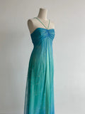 Ndyad Gradient Turquoise Satin Chiffon Sheath Prom Dresses Vintage Formal Evening Gowns HZ1024