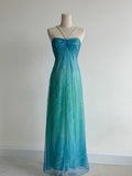 Ndyad Gradient Turquoise Satin Chiffon Sheath Prom Dresses Vintage Formal Evening Gowns HZ1024