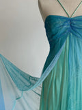Ndyad Gradient Turquoise Satin Chiffon Sheath Prom Dresses Vintage Formal Evening Gowns HZ1024