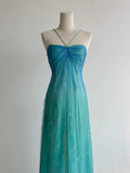 Ndyad Gradient Turquoise Satin Chiffon Sheath Prom Dresses Vintage Formal Evening Gowns HZ1024