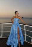 Ndyad Blue Strapless A-Line Satin Prom Dresses Elegant Formal Evening Gowns HZ1024