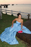 Ndyad Blue Strapless A-Line Satin Prom Dresses Elegant Formal Evening Gowns HZ1024
