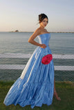 Ndyad Blue Strapless A-Line Satin Prom Dresses Elegant Formal Evening Gowns HZ1024
