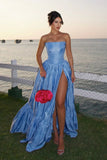 Ndyad Blue Strapless A-Line Satin Prom Dresses Elegant Formal Evening Gowns HZ1024