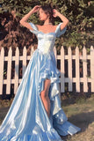 Ndyad Sky Blue Sweetheart Neck A-Line Satin Prom Dresses Formal Evening Gowns with Slits HZ1024