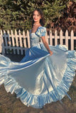 Ndyad Sky Blue Sweetheart Neck A-Line Satin Prom Dresses Formal Evening Gowns with Slits HZ1024