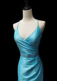 Ndyad Blue Mermaid Taffeta V-neck Long Prom Dresses Formal Evening Gowns HZ1024