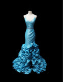 Ndyad Blue Mermaid Taffeta V-neck Long Prom Dresses Formal Evening Gowns HZ1024