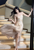 Ndyad Light Pink Spaghetti Straps Party Dress A-Line Chiffon Sequin Long Prom Dresses HZ1024