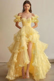 Ndyad Butter Yellow Sweetheart Neck A-Line Tulle Long Prom Dresses Formal Evening Gowns HZ1024