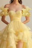 Ndyad Butter Yellow Sweetheart Neck A-Line Tulle Long Prom Dresses Formal Evening Gowns HZ1024