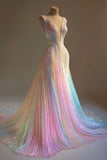 Ndyad Colorful V-Neck A-Line Sequined Tulle Long Prom Dresses HZ1024