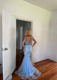 Ndyad Gray Blue Spaghetti Straps Mermaid Tulle Long Prom Dresses Backless Applique Evening Gowns HZ1024