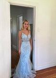 Ndyad Gray Blue Spaghetti Straps Mermaid Tulle Long Prom Dresses Backless Applique Evening Gowns HZ1024