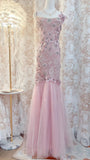 Ndyad Pink Square Neck Mermaid Tulle Lace Long Prom Dresses Vintage Evening Dresses with Appliques HZ1024
