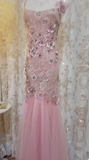 Ndyad Pink Square Neck Mermaid Tulle Lace Long Prom Dresses Vintage Evening Dresses with Appliques HZ1024
