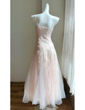 Ndyad Pink Spaghetti Straps A-Line Tulle Long Prom Dresses Birthday Evening Dress Gowns HZ1024