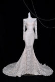 Ndyad White Turtleneck Lace Beaded Mermaid Long Sleeve Trailing Wedding Dress HZ1024