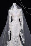 Ndyad White Turtleneck Lace Beaded Mermaid Long Sleeve Trailing Wedding Dress HZ1024