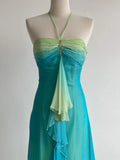 Ndyad Gradient Turquoise Halter Neck Chiffon Sheath Prom Dresses Vintage Party Dress HZ1024