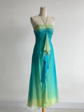 Ndyad Gradient Turquoise Halter Neck Chiffon Sheath Prom Dresses Vintage Party Dress HZ1024