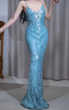 Ndyad Blue Mermaid V Neck Satin Sequin Long Prom Dresses Formal Evening Gowns HZ1024