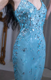 Ndyad Blue Mermaid V Neck Satin Sequin Long Prom Dresses Formal Evening Gowns HZ1024