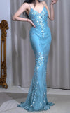 Ndyad Blue Mermaid V Neck Satin Sequin Long Prom Dresses Formal Evening Gowns HZ1024