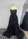 Ndyad Black Strapless A-Line Sequin Slit Long Prom Dresses Formal Evening Gowns HZ1024