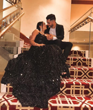 Ndyad Black Strapless A-Line Sequin Slit Long Prom Dresses Formal Evening Gowns HZ1024