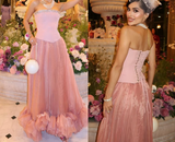 Ndyad Pink Strapless A-Line Tulle Long Prom Dresses Formal Evening Gowns HZ1024