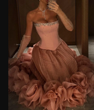 Ndyad Pink Strapless A-Line Tulle Long Prom Dresses Formal Evening Gowns HZ1024